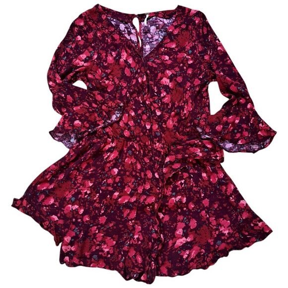 Free People All the Right Ruffles Women's Romper Red Multi Floral 3/4 Sleeve M - Picture 2 of 10